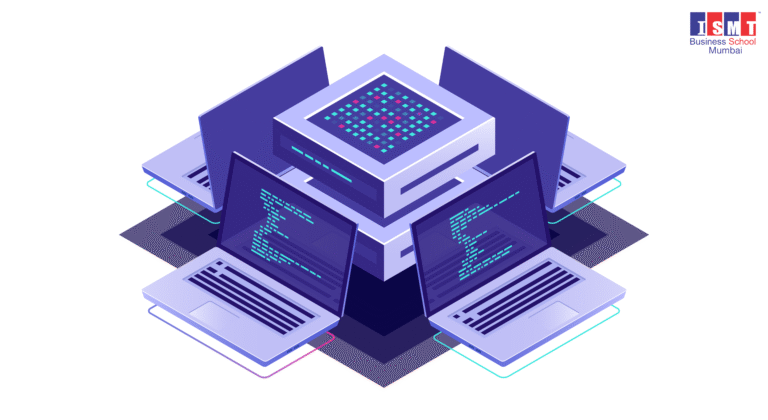 Illustration of a computer chip and code screens representing information technology and systems at ISMT