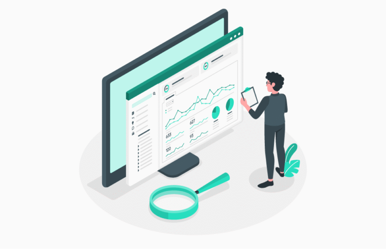 Illustration of a person reviewing an analytics dashboard with a magnifying glass for MBA in Business Analytics