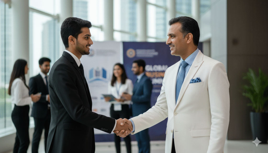 BBA student handshaking with businessman