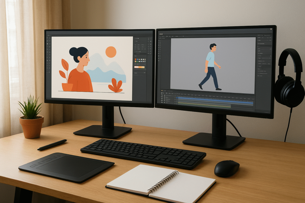 Student workspace with graphic design and animation software open on two monitors.