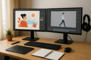 Student workspace with graphic design and animation software open on two monitors.