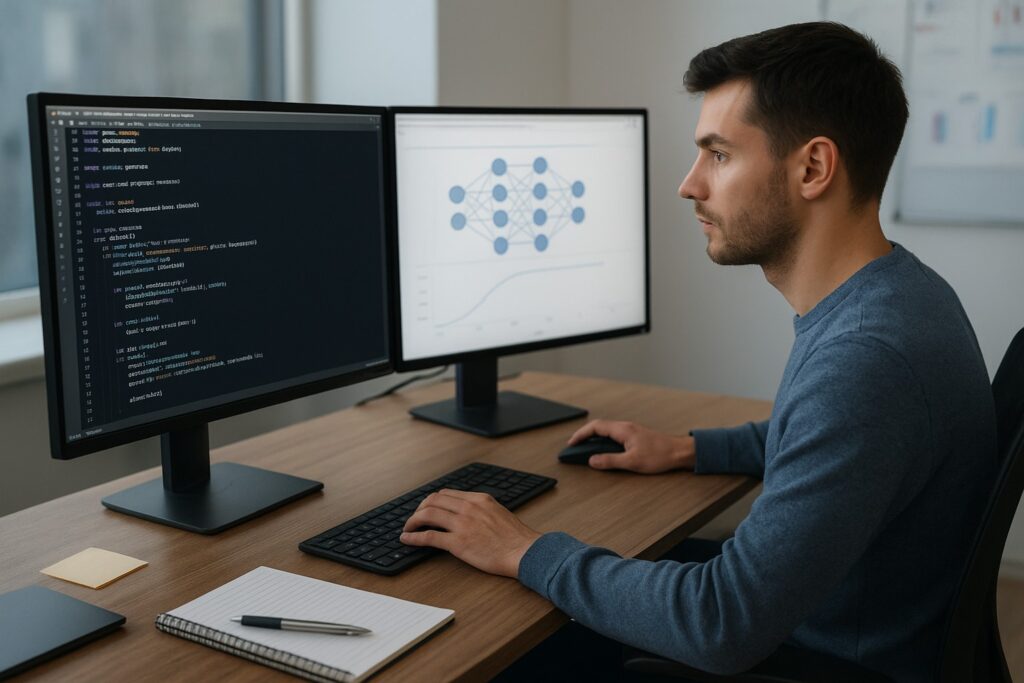 Man working on computer with dual monitors displaying code and a neural network diagram in an office environment.