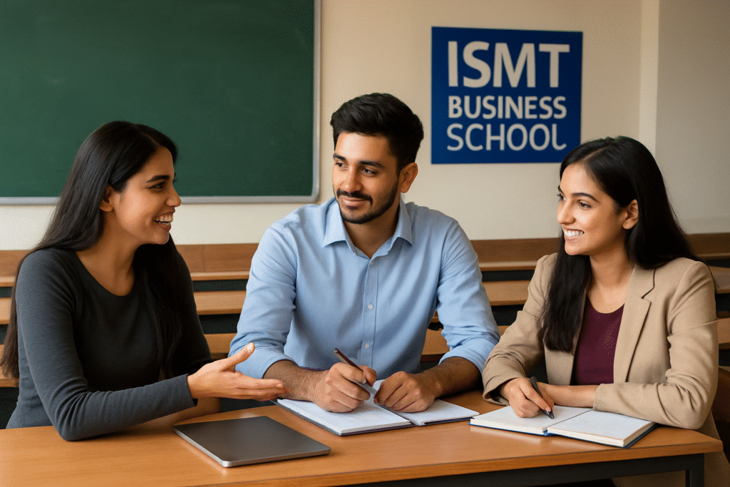 Students discussing a business case study at a Mumbai management college campus