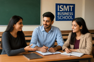 Students discussing a business case study at a Mumbai management college campus