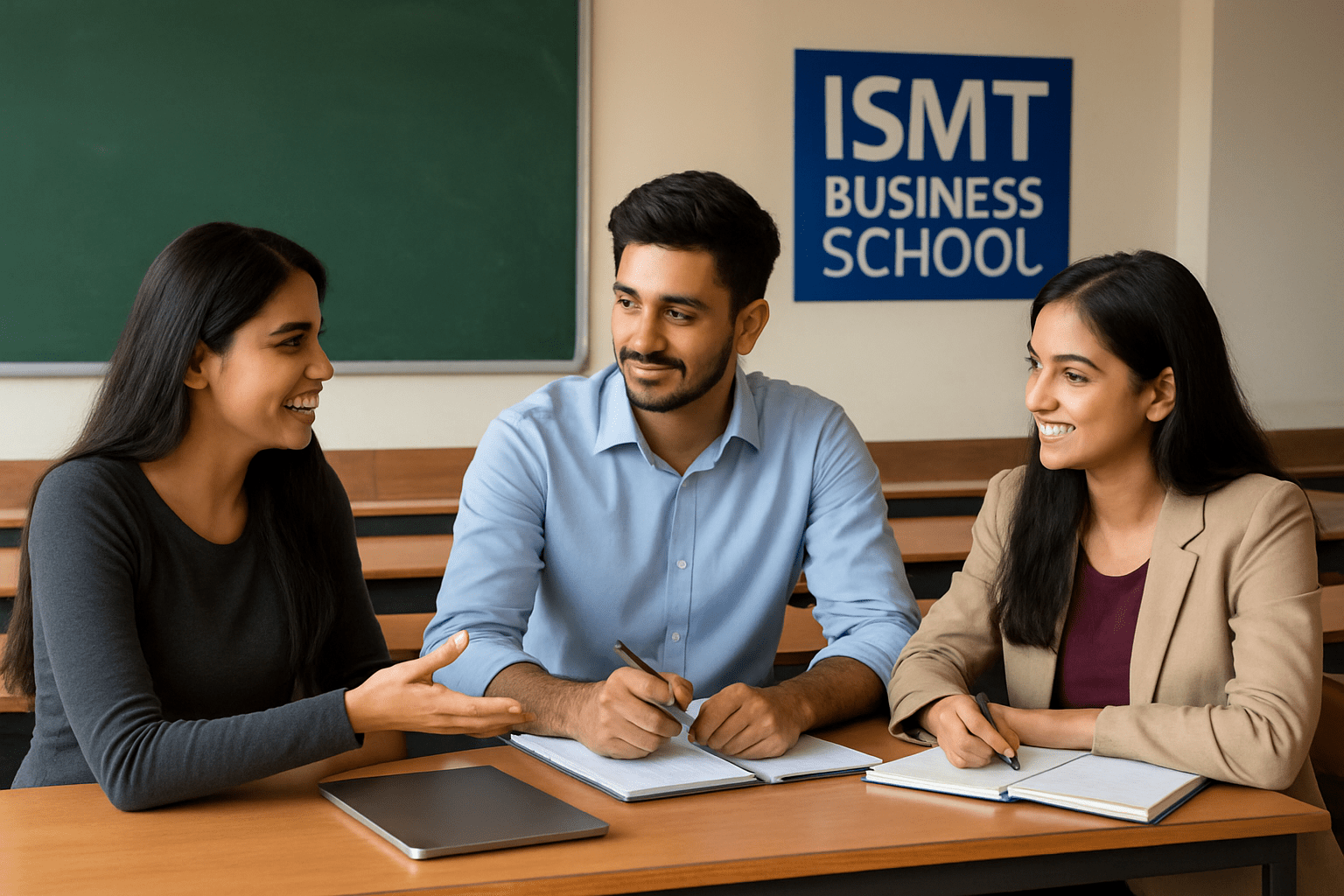 Students discussing a business case study at a Mumbai management college campus