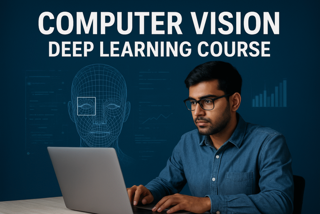 A focused student works on a laptop with digital graphics of a human face wireframe and data charts in the background, representing the concept of a Computer Vision Deep Learning Course.