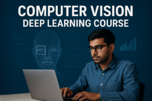 A focused student works on a laptop with digital graphics of a human face wireframe and data charts in the background, representing the concept of a Computer Vision Deep Learning Course.