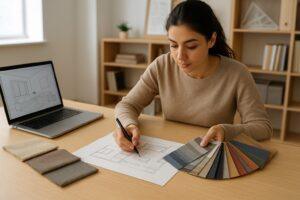 Student sketching a room layout with fabric samples and a laptop showing CAD software.”