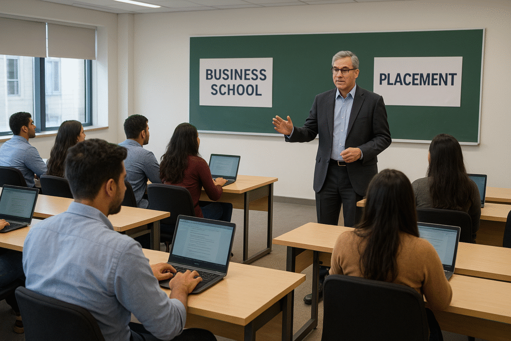 Modern Mumbai business-school classroom during a guest lecture, students using laptops, placement banners visible.