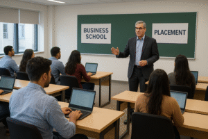 Modern Mumbai business-school classroom during a guest lecture, students using laptops, placement banners visible.