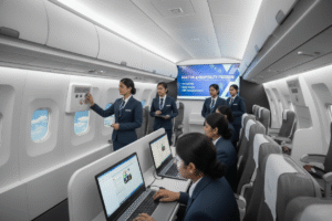 Aviation qualification courses prepare students for cabin crew and ground staff roles with practical training in an aircraft mockup, laptops for airline systems, and a screen showing an 'Aviation & Hospitality Program' for global careers and 100% placement support in India's booming aviation sector.