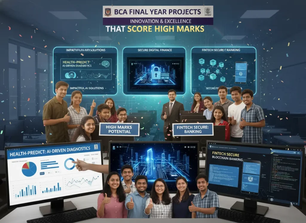BCA final year project topics explained with students showcasing AI, fintech, blockchain, and high-scoring BCA project ideas in a computer lab environment.