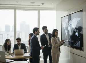 Students learning banking and finance concepts during a practical training session, analysing global financial data and charts on a digital screen.