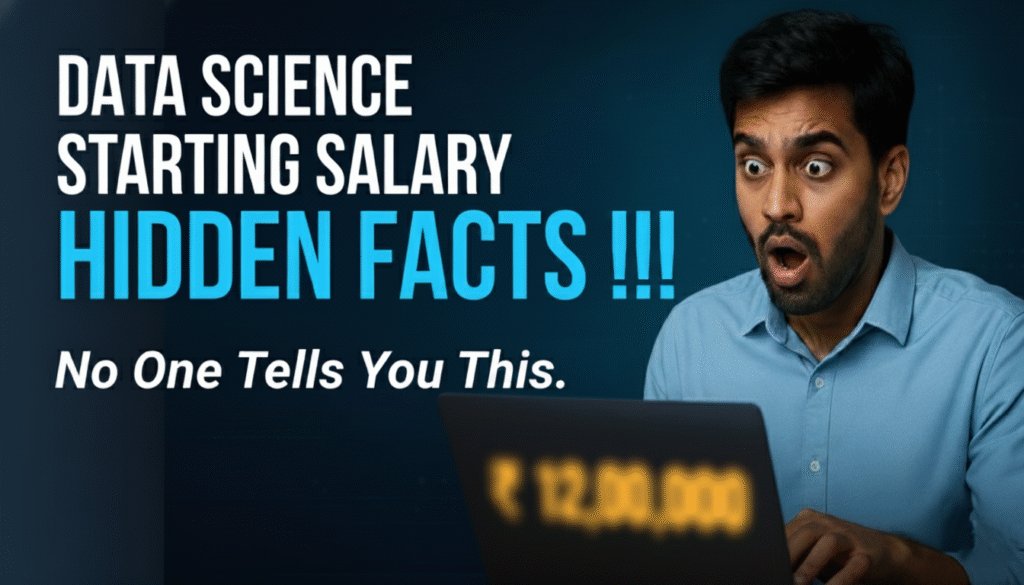 Man looking surprised at a laptop screen displaying a high starting salary of ₹12,00,000, illustrating the hidden facts about data science starting salary in India.