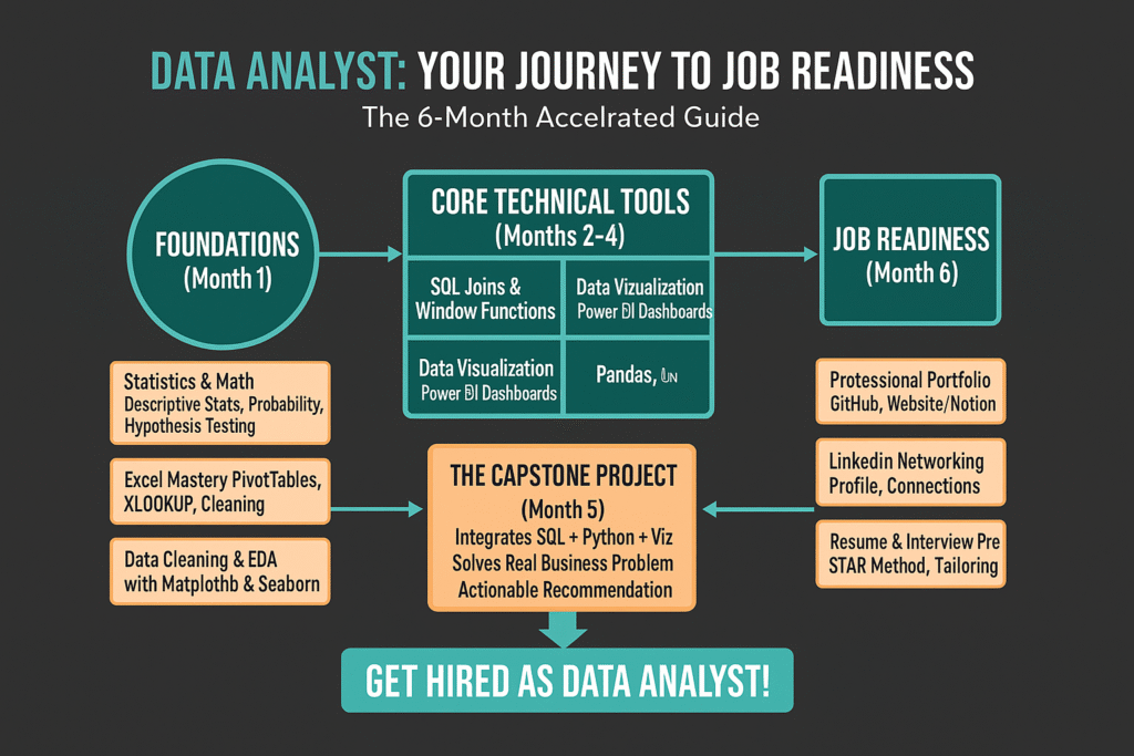 A visual roadmap diagram for aspiring Data Analysts, outlining a 6-month accelerated guide from foundational skills to job readiness, structured into three main phases: Foundations, Core Technical Tools, and Job Readiness, culminating in getting hired.