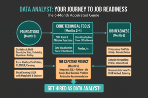 Fresher following data analyst roadmap with laptop showing SQL Python Tableau learning path