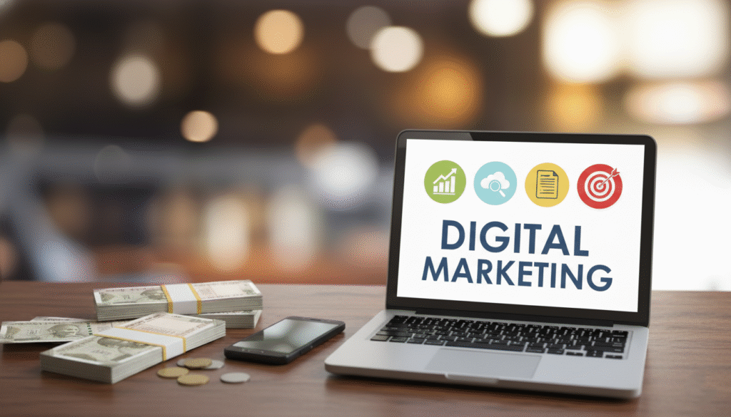 Stacks of Indian Rupees (cash) next to a laptop displaying 'DIGITAL MARKETING' analytics icons. Visualizing the Digital Marketer Earn per month in Mumbai.