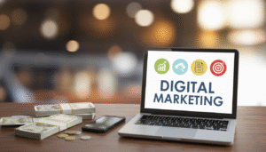 Digital marketing salary growth in Mumbai shown through laptop and earnings