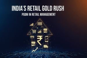 Digital graphic showing India's retail boom, with a rupee symbol and a growing upward arrow inside a home-shaped network of retail stores, e-commerce icons, supply chain vehicles, and data charts. Text reads: India's Retail Gold Rush, PGDM in Retail Management.