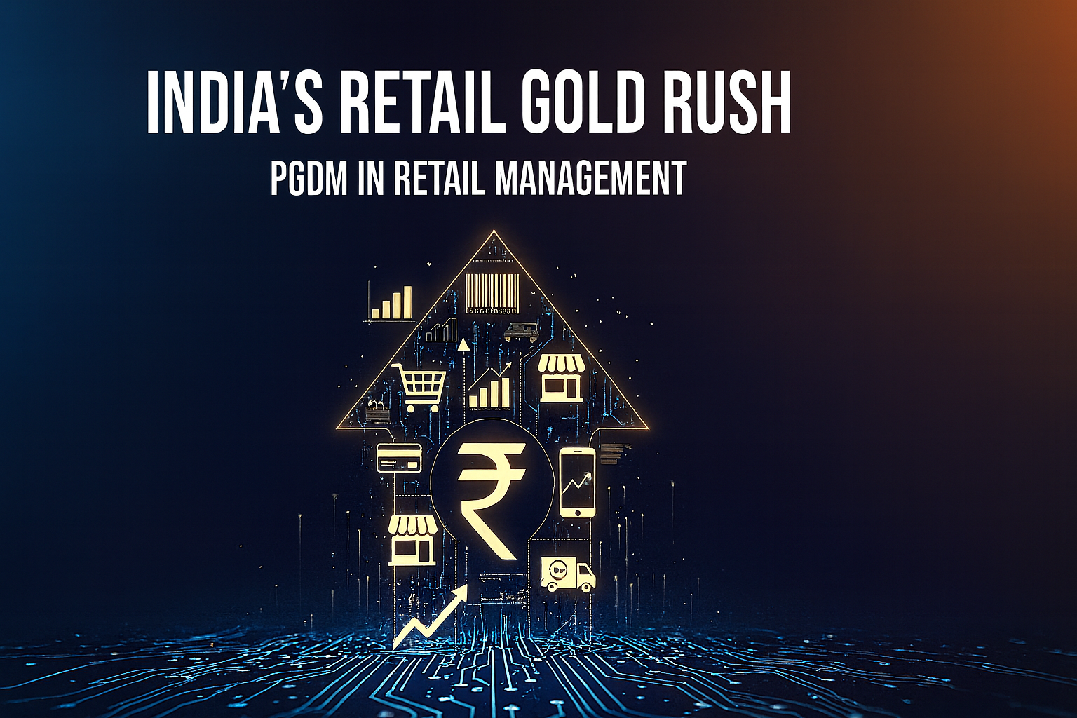 Digital graphic showing India's retail boom, with a rupee symbol and a growing upward arrow inside a home-shaped network of retail stores, e-commerce icons, supply chain vehicles, and data charts. Text reads: India's Retail Gold Rush, PGDM in Retail Management.