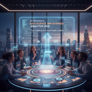 Professionals in a modern meeting room with a holographic display showing "PG Program in Data Science and Business Analytics 2025: Your Gateway to Future-Ready Careers" with subtle smiles.