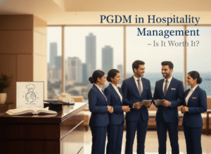 PGDM in Hospitality Management students in a hotel lobby at a Mumbai campus discussing coursework — hospitality management courses and hotel management career training.