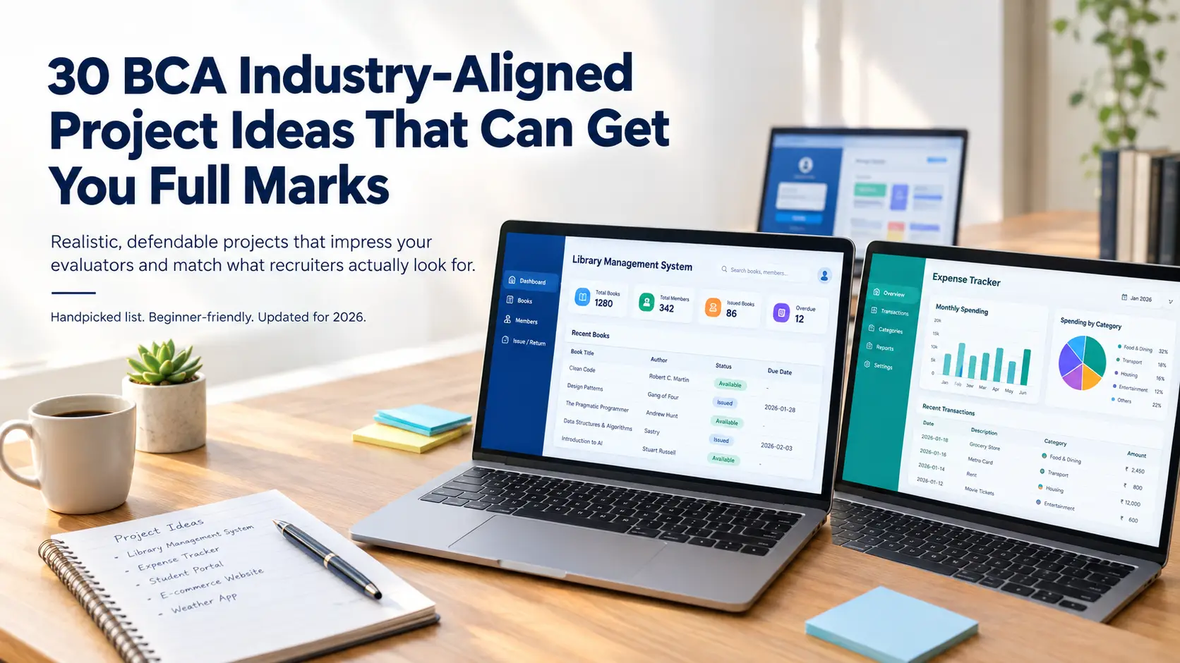 Laptop screens showing library management and expense tracker project UI for BCA final year project ideas