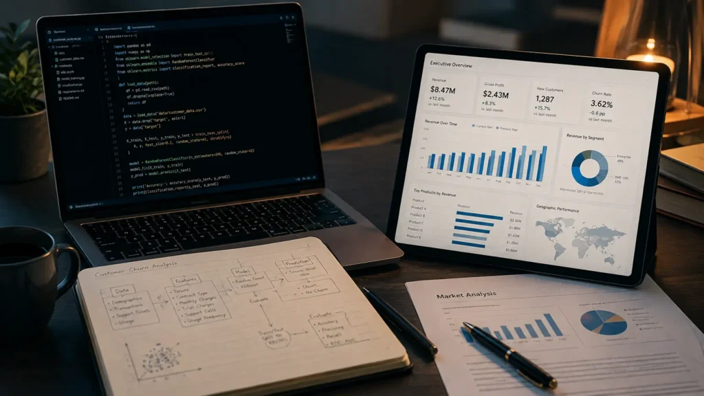 Laptop showing Python data science code next to a tablet showing a business analytics dashboard with revenue and churn metrics