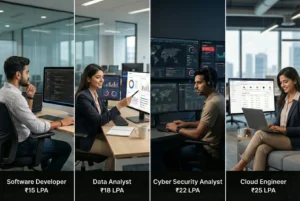 Four professionals working in high-paying BCA career roles: Software Developer at 15 LPA, Data Analyst at 18 LPA, Cyber Security Analyst at 22 LPA, and Cloud Engineer at 25 LPA.