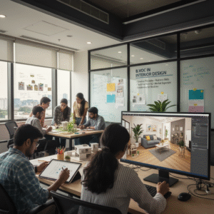 Students learning interior design at ISMT Business School during a practical interior design course near me session