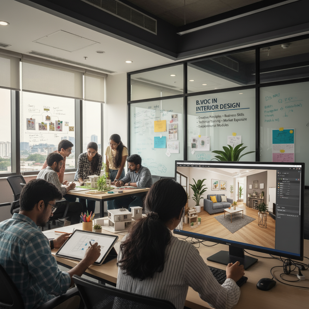 Students learning interior design at ISMT Business School during a practical interior design course near me session