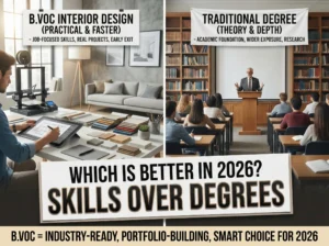 Split image showing a B.Voc Interior Design studio (CAD, material samples, model work) on the left and a traditional classroom lecture on the right — illustrating “Skills over Degrees” in 2026.