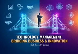 Illustration of a business professional standing on a glowing digital bridge symbolizing technology management connecting business strategy with innovation, featuring icons of AI, cloud, security, analytics, and growth.