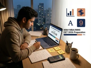 MAH MBA MMS CET 2026 aspirant preparing with mock test, syllabus-based study plan, and time management strategy at home