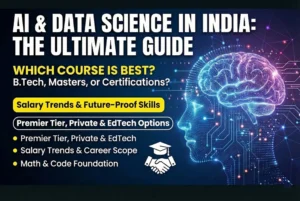 A comparison of traditional Computer Science versus AI and Data Science courses in India, featuring a confused student choosing between career paths with a backdrop of Indian landmarks.