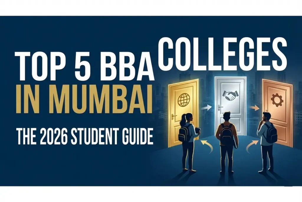 Three students standing in front of three glowing doors representing different BBA college choices in Mumbai, with a modern city skyline background in navy blue and gold.
