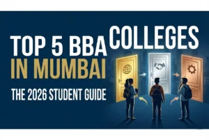Three students standing in front of three glowing doors representing different BBA college choices in Mumbai, with a modern city skyline background in navy blue and gold.