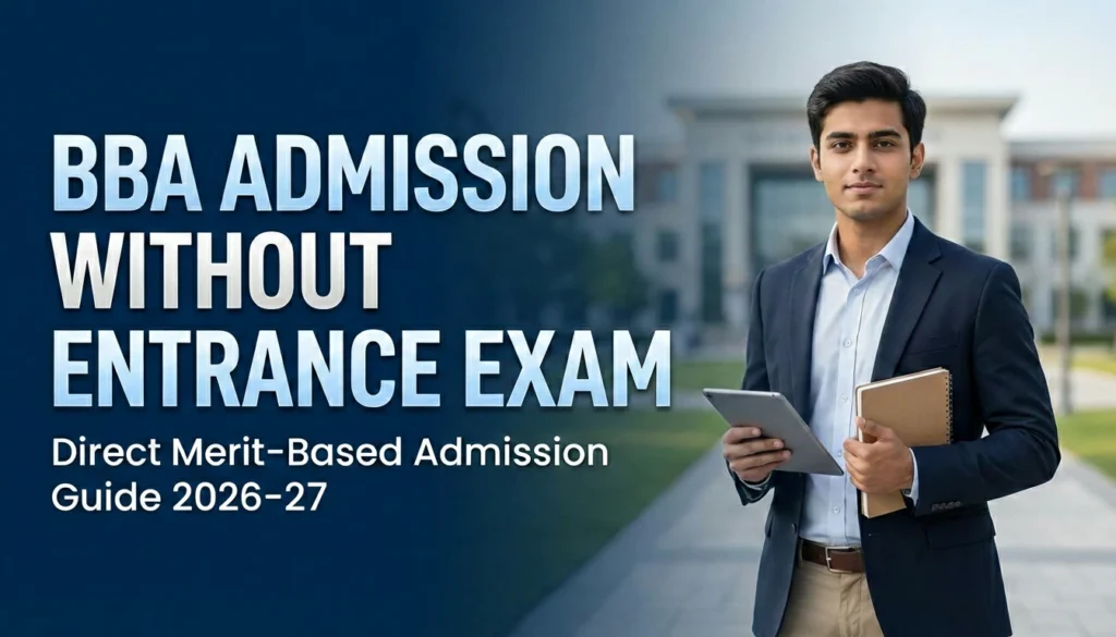 Student standing in front of a Mumbai BBA college campus with text BBA Admission Without Entrance Exam 2026-27