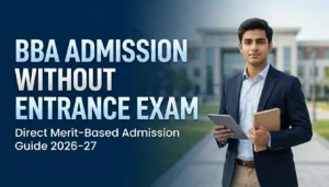 Student standing in front of a Mumbai BBA college campus with text BBA Admission Without Entrance Exam 2026-27