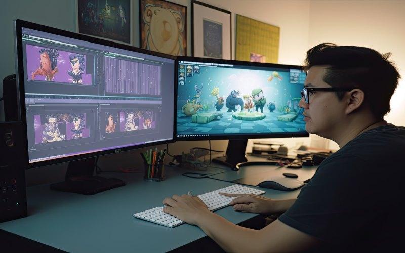 A digital artist with glasses working on a dual-monitor setup, displaying complex 3D animation software and character designs in a cozy, art-filled studio.