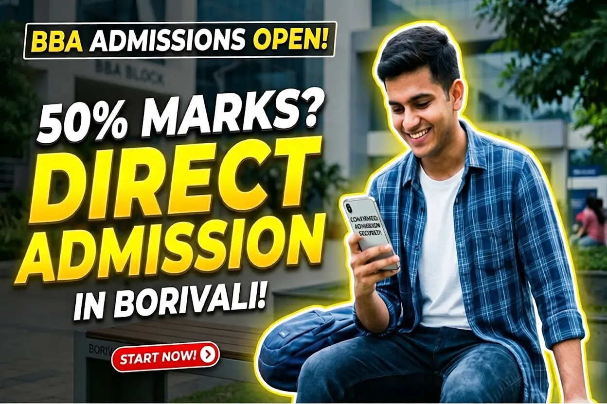 Indian student smiling at phone with BBA admission confirmation at a Borivali campus.