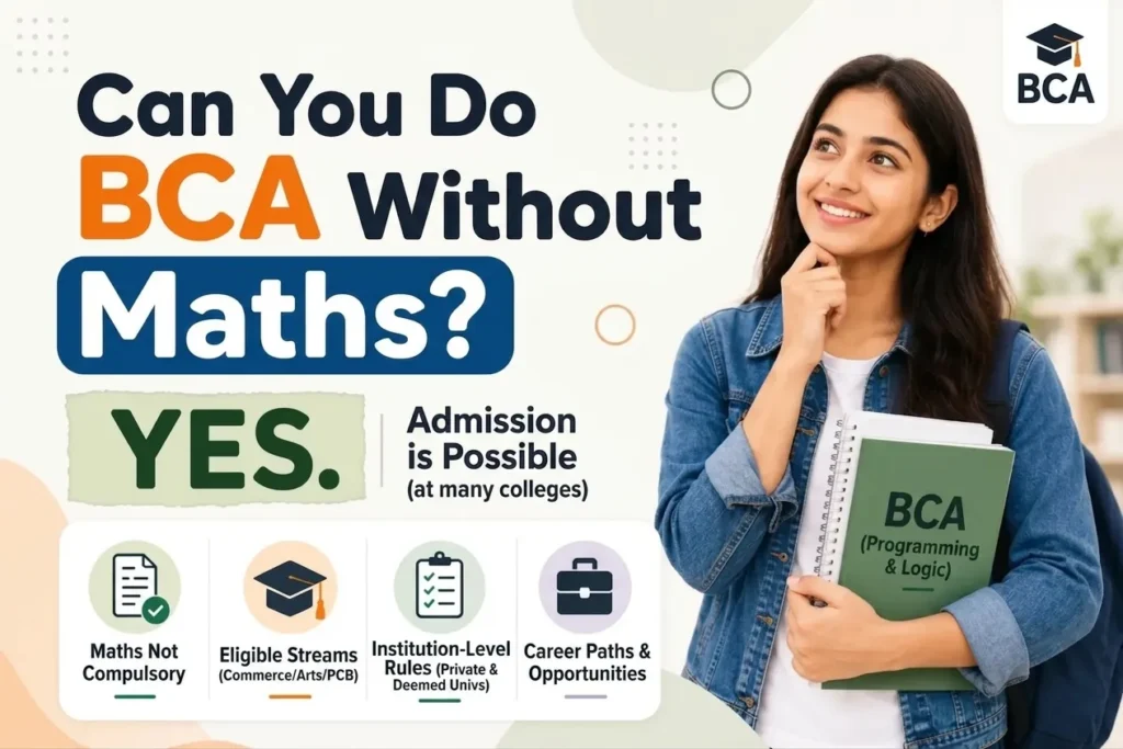 A young female student holding books smiling thoughtfully, next to text that reads "Can You Do BCA Without Maths? YES. Admission is Possible" with a structured breakdown of eligibility and streams.