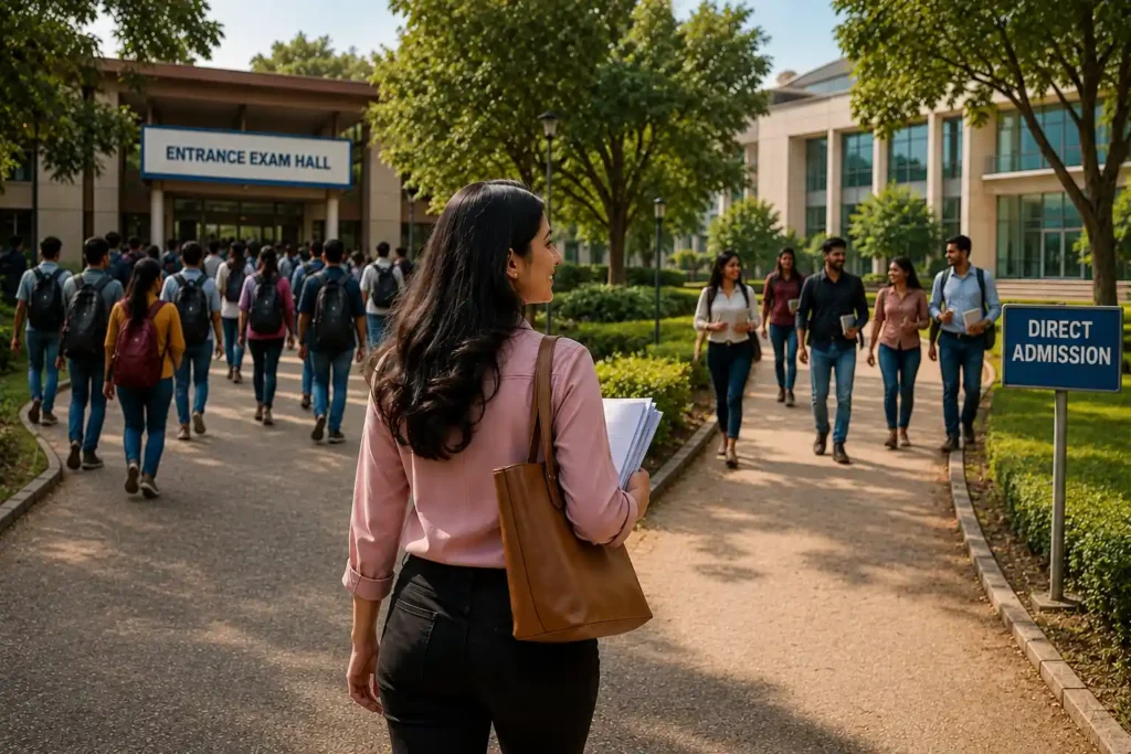 Indian graduate choosing between an entrance exam hall and a direct admission path for an MBA or PGDM in Digital Marketing.