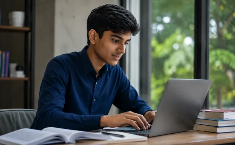 Indian second-year BCA student studying on a laptop