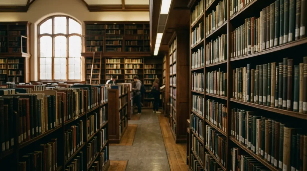 Rows of bookshelves in a college library at ISMT Business School