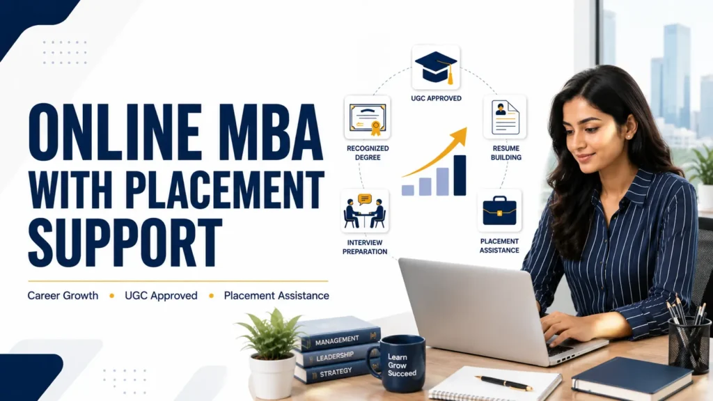Online MBA with placement support featured image showing a working professional learning online with career growth and placement assistance icons.