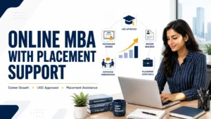 Online MBA with placement support featured image showing a working professional learning online with career growth and placement assistance icons.