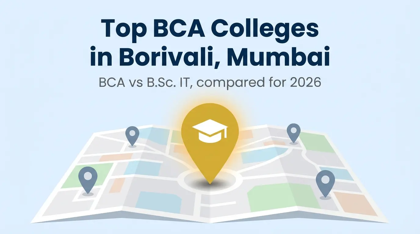 Map illustration with pins marking BCA and B.Sc. IT colleges across Borivali East and West, Mumbai