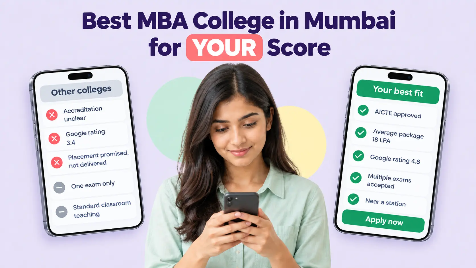 Student comparing MBA colleges in Mumbai on a phone, with a checklist of red flags versus what to look for in a college
