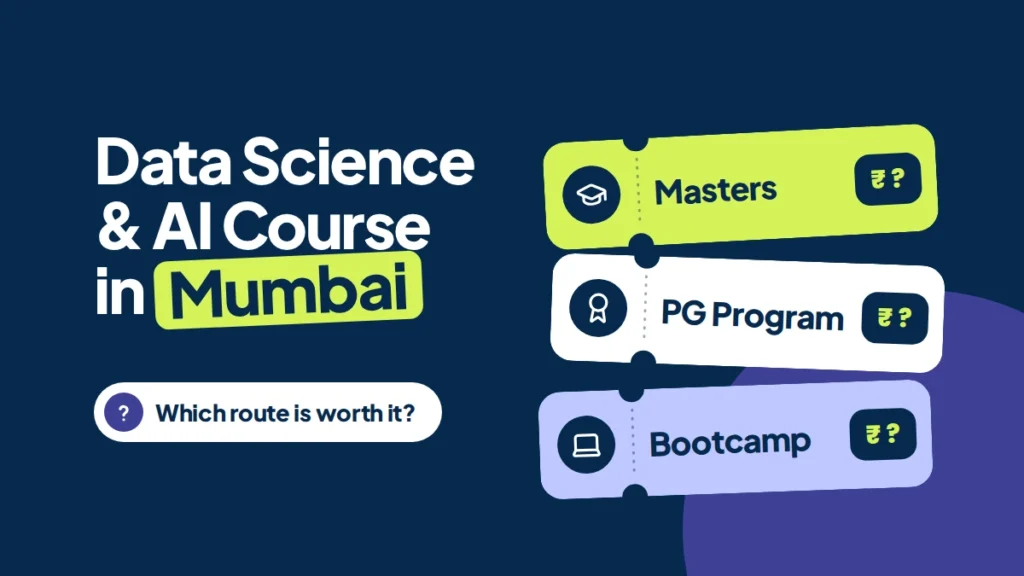 Three train ticket cards labeled Masters, PG Program, and Bootcamp for a data science and AI course in Mumbai